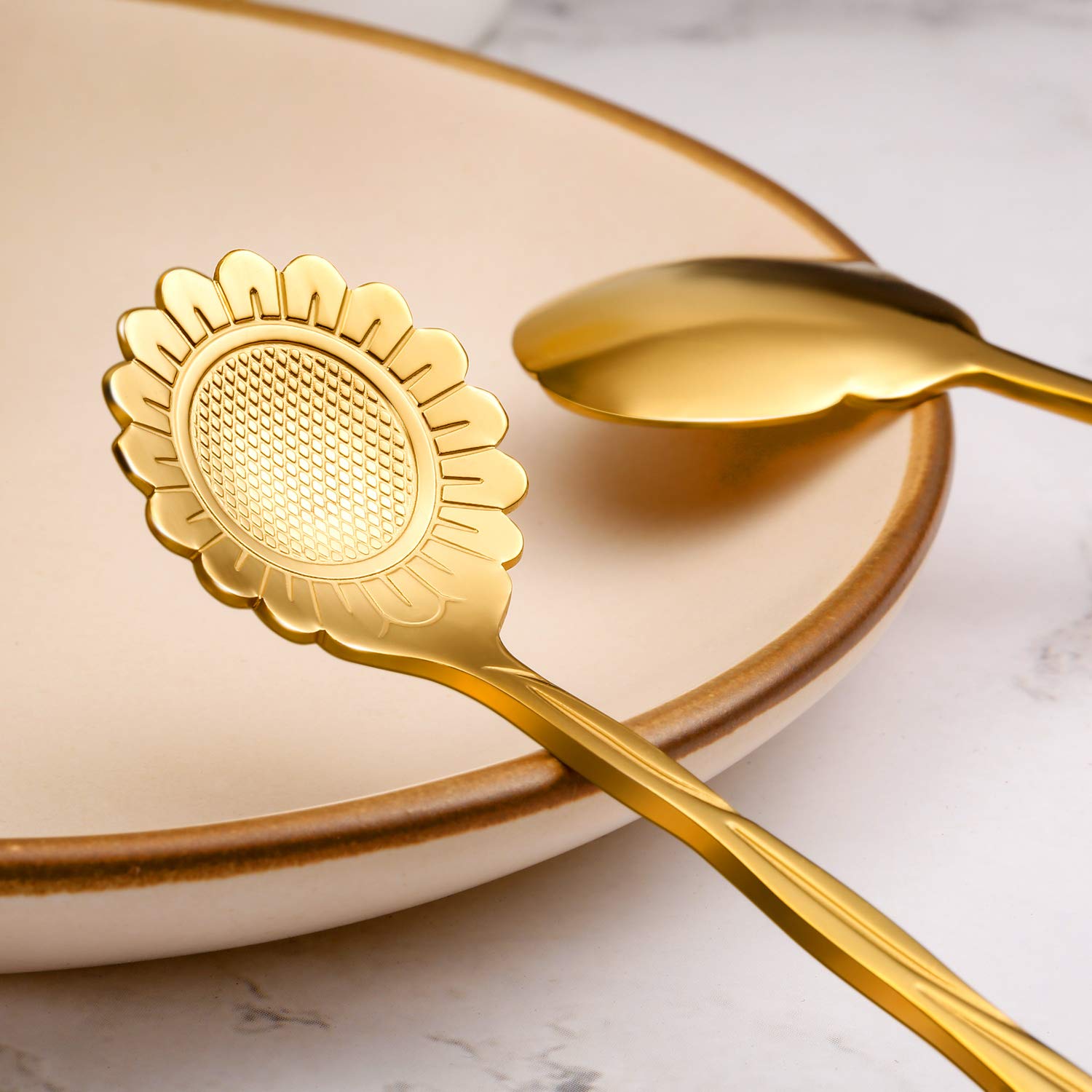 HASTHIP 8 Pieces Flower Spoon Coffee Teaspoon Set, 410 Stainless Steel Tableware, Reusable Sugar Spoon Tea Spoon Stir Bar Spoon Stirring Spoon, 8 Different Patterns (Golden) HASTHIP 8 Pieces Flower Spoon Coffee Teaspoon Set, 410 Stainless Steel Tableware, Reusable Sugar Spoon Tea Spoon Stir Bar Spoon Stirring Spoon, 8 Different Patterns (Golden)